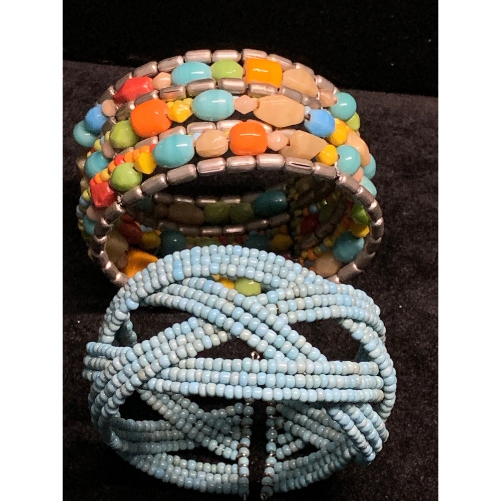 Boho Seed Bead Cuff Bracelet Set Multi-Color & Light Blue Woven Handcrafted 2pc